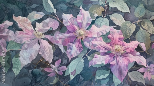 Early large flowered clematis Nelly Moser leaves Latin name Clematis Nelly Moser