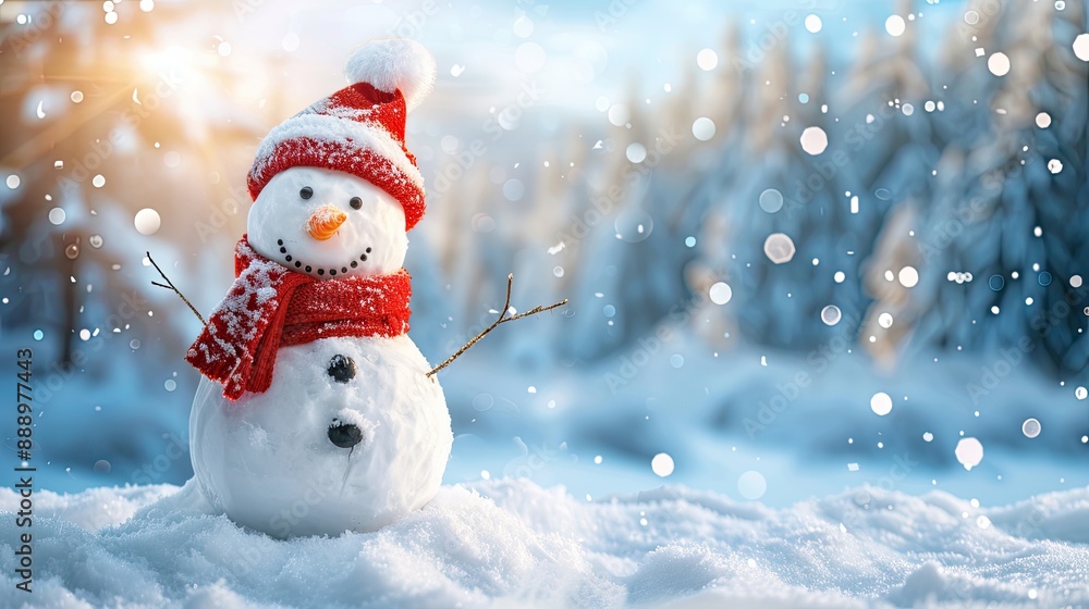 Obraz premium Panoramic view of happy snowman in winter scenery with copy space
