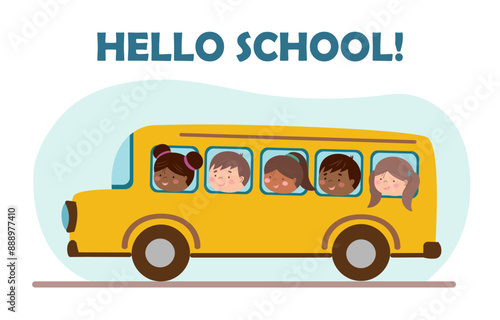 School bus with children. Back to school concept. Childrens school elements.	Back to school poster.