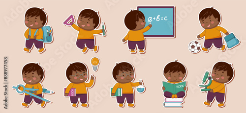 Childrens school stickers. Childrens school characters. Set of black skin boys with school elements. Back to school concept.