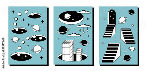 Surrealism posters set. Surreal abstract posters. Surrealism cards set.