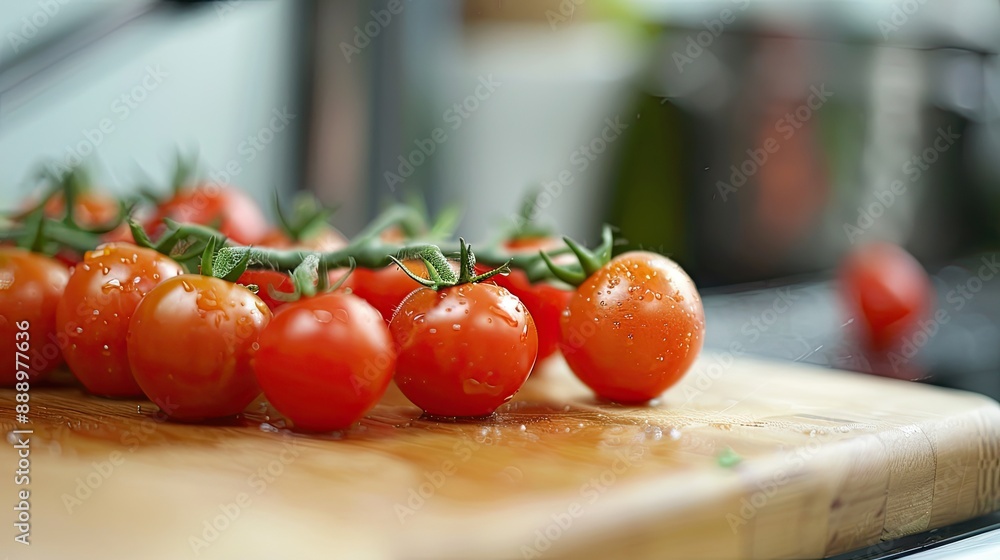 Ripe red cherry tomatoes on a cutting board Ripe red cherry tomatoes on a cutting board