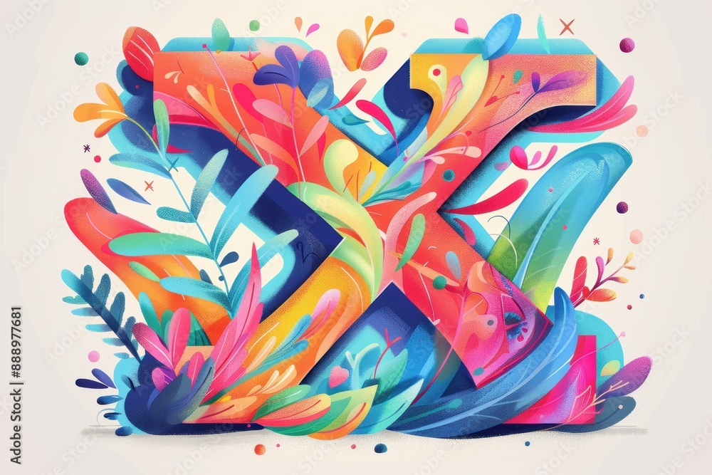 Naklejka premium A playful and colorful illustration of the letter X with a whimsical font and decorative elements great for children's books and educational materials.