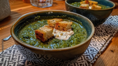 Homade bear leek soup or ramson soup with crouton and sour cream photo