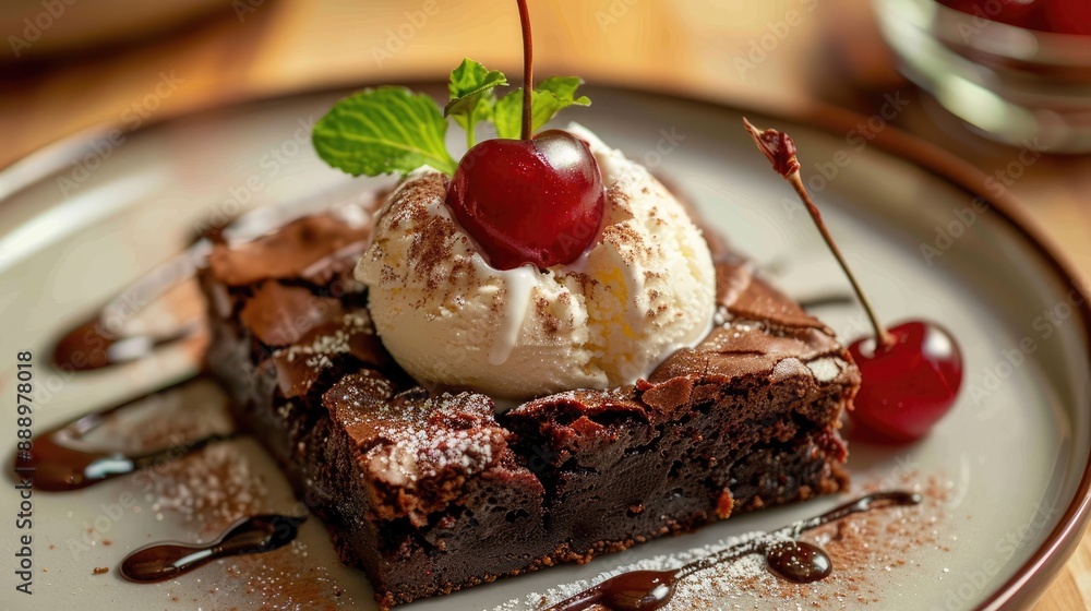 yummy brownies pie on top with the vanilla ice cream and cherry yummy brownies pie on top with the vanilla ice cream and cherry