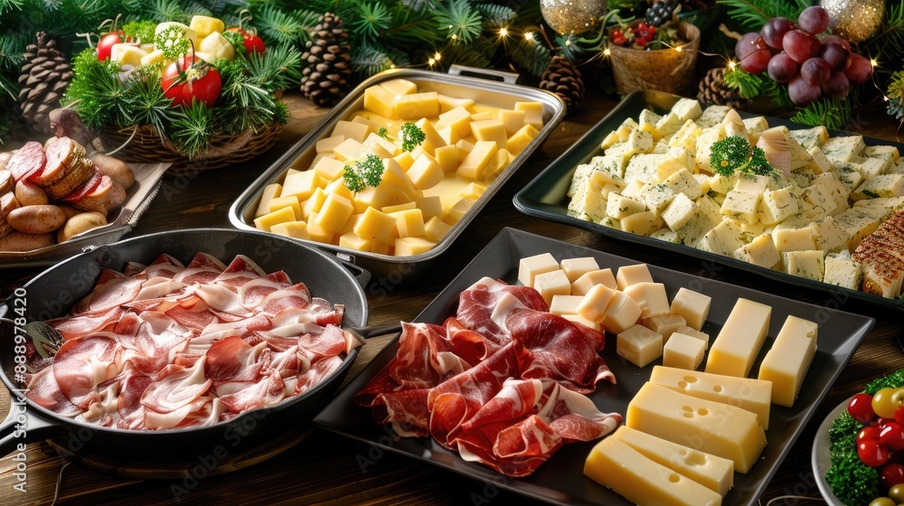 raclette cheese trays and differents sorts of meats Traditional French winter food raclette cheese trays and differents sorts of meats Traditional French winter food