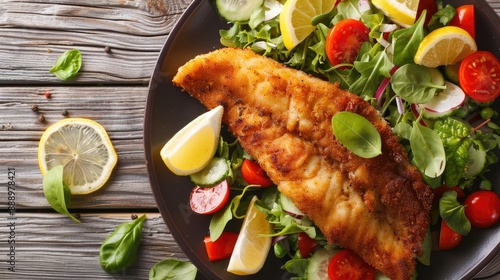 Fried fish fillet in breading and fresh vegetable salad close up on a plate Vertical view from above photo