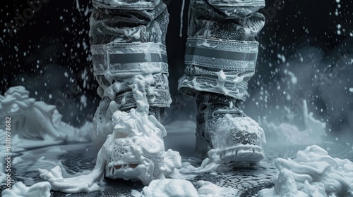Protective clothing for firefighters for rescue operations in case of fire Firefighter s clothes in foam for extinguishing fires Foam for extinguishing fires on the boots and helmet of a firefighter