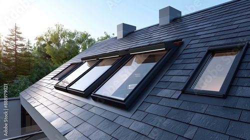 Modern passive house roof with attic skylight windows solar water heater solar panels asphalt shingles
