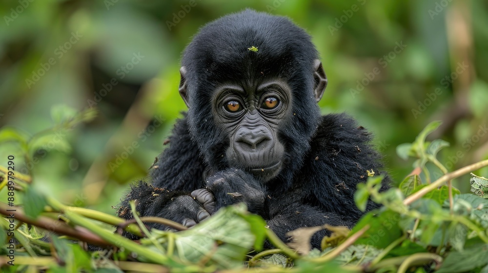 Juvenile mountain gorilla sitting quiet after feeding Juvenile mountain gorilla sitting quiet after feeding