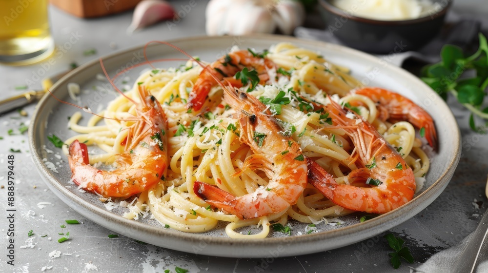 Flat plate with pasta spaghetti with heavy cream and roasted shrimps with garlic sauce and parmesan cheese on grey concrete surface Flat plate with pasta spaghetti with heavy cream and roasted shrimps with garlic sauce and parmesan cheese on grey concrete surface