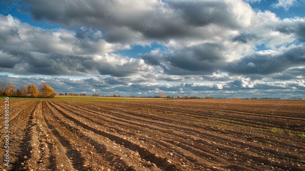 Plowed farmland under cloudy sky in autumn Plowed farmland under cloudy sky in autumn