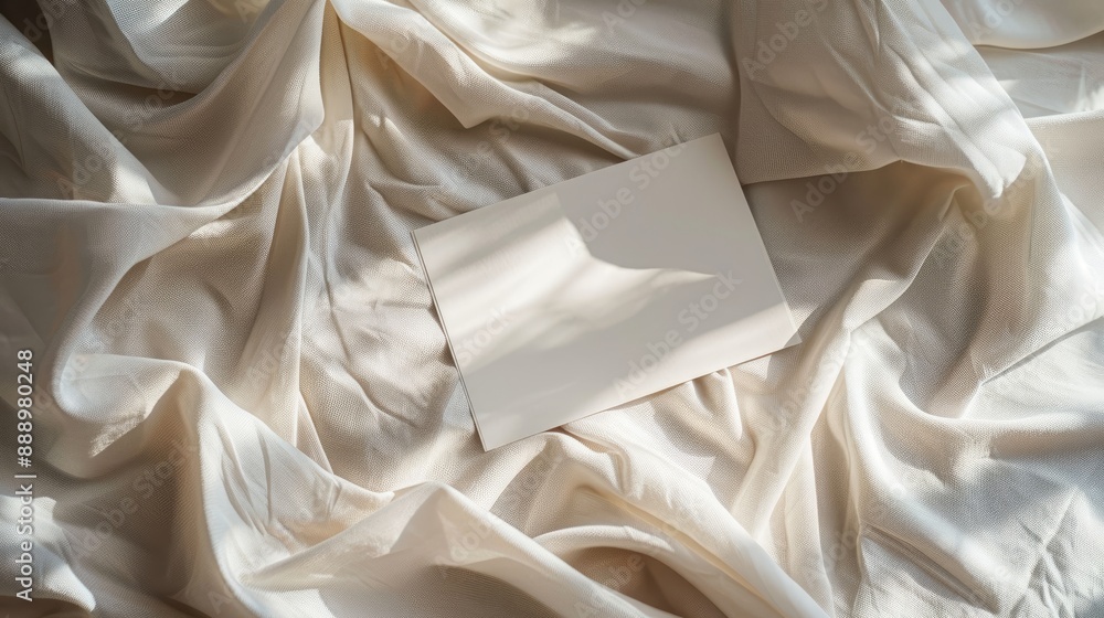 Blank paper card sheets with copy space on wrinkled bed blanket cloth with aesthetic warm sunlight shadows Flat lay top view