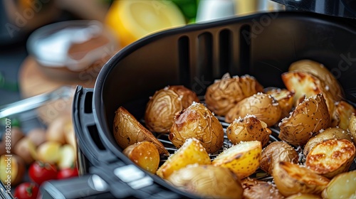 Air fryer machine cooking potato fried in kitchen Lifestyle of new normal cooking photo