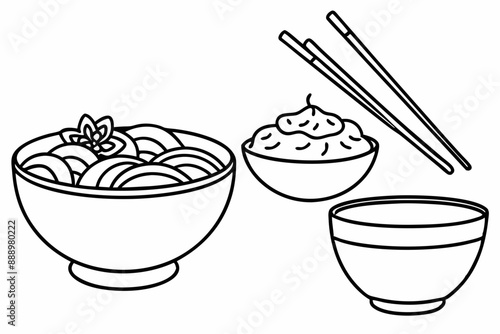bundle of ramen in bowls and chopsticks silhouette vector illustration