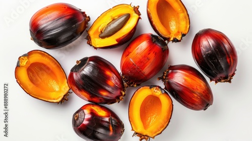 Group of oil palm fruit and cut in half sliced isolated on white background Top view Flat lay photo