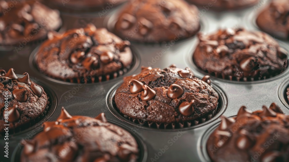 Double Chocolate muffins in the pan homemade baked close up selective focus Double Chocolate muffins in the pan homemade baked close up selective focus
