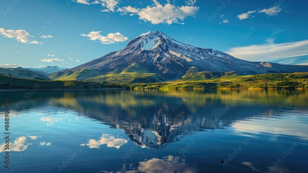Volcanic mountain in morning light reflected in calm waters of lake Volcanic mountain in morning light reflected in calm waters of lake