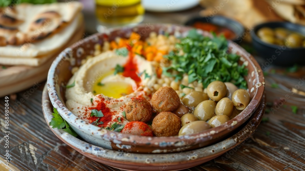 Mediterranean mezze platter with hummus, falafel, olives, and pita bread, vibrant and diverse flavors, shared dining experience Mediterranean mezze platter with hummus, falafel, olives, and pita bread, vibrant and diverse flavors, shared dining experience