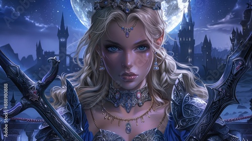 create a picture in a fantasy style of a blonde warrior queen with jewellery a silver crown and two crossed swords Queen wears armour over a blue gown and Stan s in front of a moonlit castle Queen ha photo