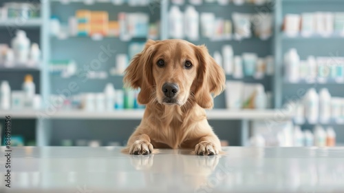 Dog at pharmacy counter helping customers, Helpful Dog, animal interactions photo