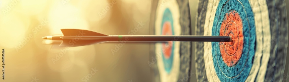 A group of arrows are shot at a target, with one arrow missing. Concept of competition and focus, as the archers aim for the bullseye A group of arrows are shot at a target, with one arrow missing. Concept of competition and focus, as the archers aim for the bullseye