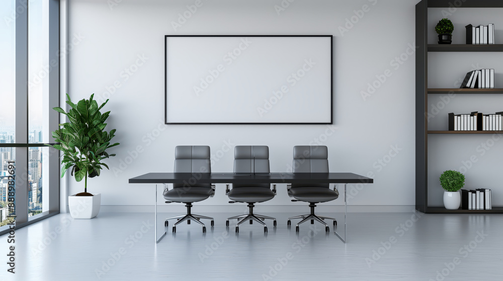 Modern office with a long black desk, interview room, concept of workspace Modern office with a long black desk, interview room, concept of workspace
