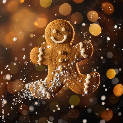 glistening gingerbread man cookie with intricate royal icing design suspended in midair with a sprinkle of powdered sugar warm golden tones against a festive bokeh background