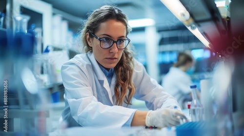 A healthcare worker performs a diagnostic test on a patient in a laboratory setting The patient sits at a table cooperating with the procedure The lab is filled with scientific equipment and samples