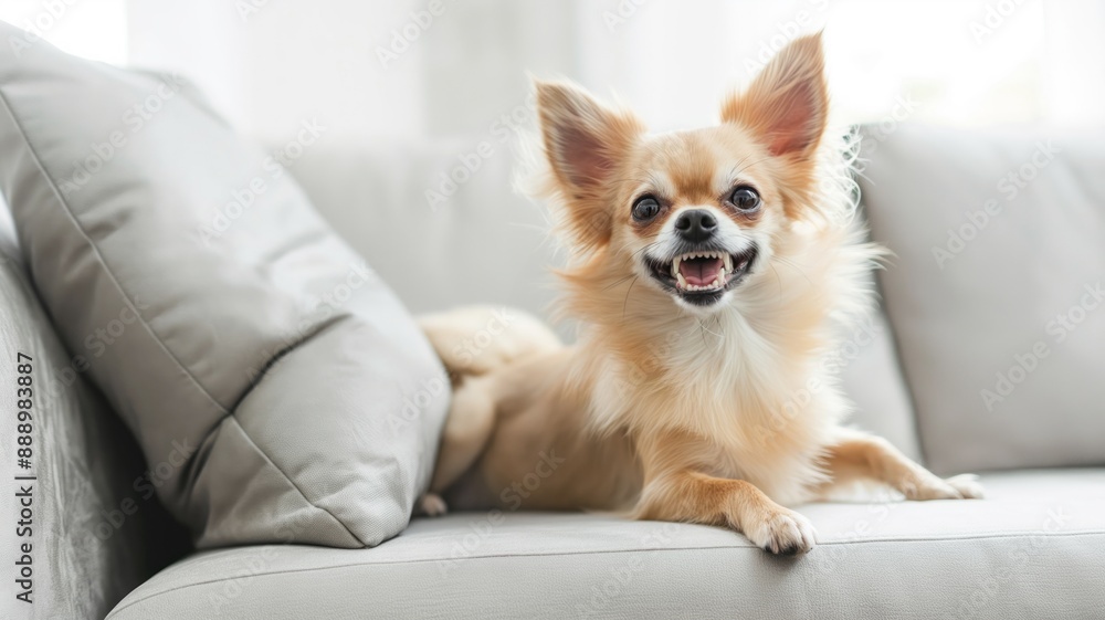 Fluffy brown chihuahua dog with long hair sitting on grey sofa in living room. Cute canine companion Fluffy brown chihuahua dog with long hair sitting on grey sofa in living room. Cute canine companion