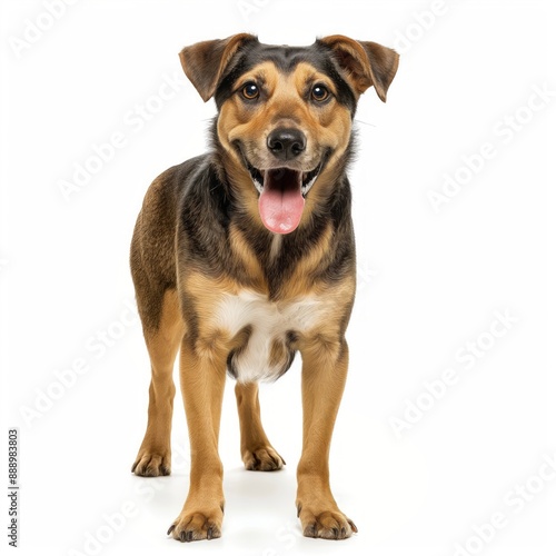 Studio shot of adorable brown and black mixed breed dog with happy expression on face isolated on white background