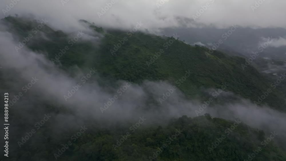 Aerial view of misty rainforest and river in remote Semuc Champey, Alta Verapaz, Guatemala. Aerial view of misty rainforest and river in remote Semuc Champey, Alta Verapaz, Guatemala.