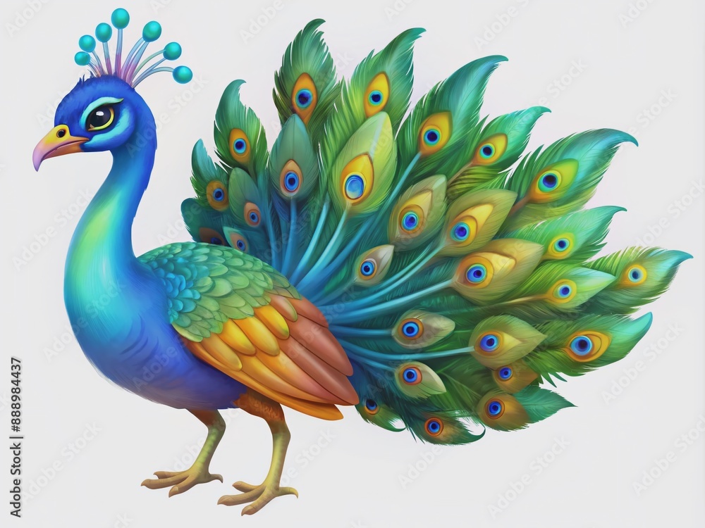 Fototapeta premium Vibrant tropical bird with resplendent plumage, a stunning peacock showcases its majestic colors in a beautiful digital watercolor artwork, perfect for print and decoration.