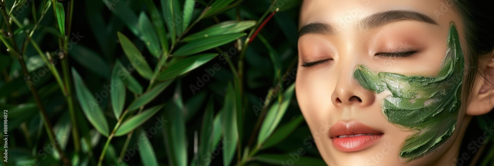 Asian woman applies green face mask on skin, gently closed eyes, slightly open mouth. Natural landscape with trees and foliage provides serene setting for beauty studio. Asian woman applies green face mask on skin, gently closed eyes, slightly open mouth. Natural landscape with trees and foliage provides serene setting for beauty studio.