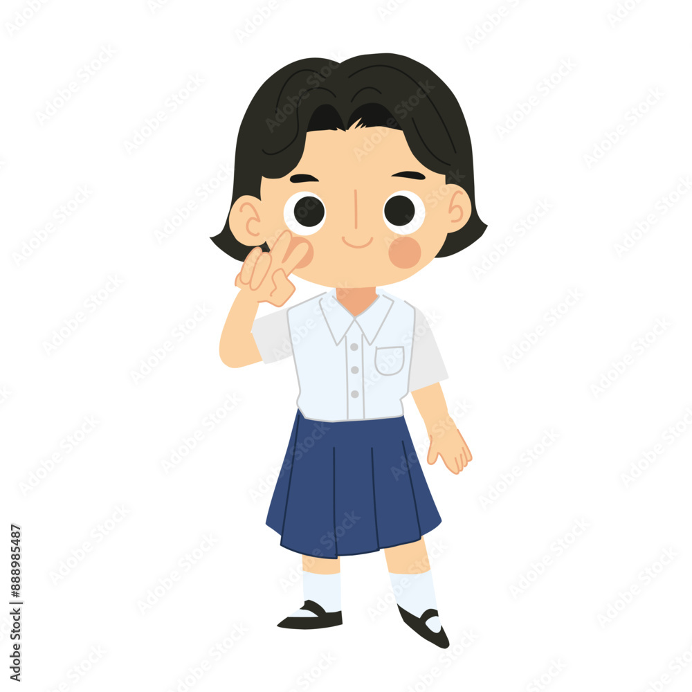 Thai Student Girl Cartoon Character in Cute Kawaii Style Smiling Happily Thai Student Girl Cartoon Character in Cute Kawaii Style Smiling Happily
