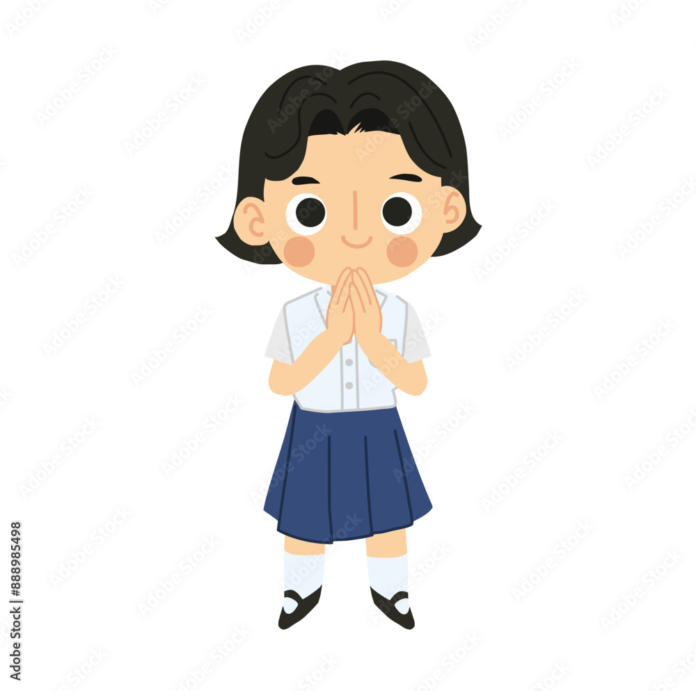 Thai Student Girl in Cute Kawaii Cartoon Style Character is Sawasdee Greeting Thai Student Girl in Cute Kawaii Cartoon Style Character is Sawasdee Greeting