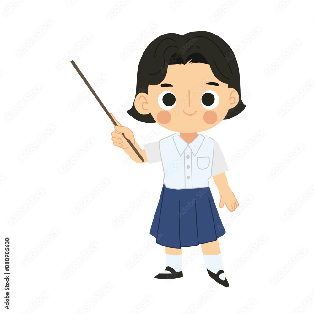 Smiling and Happy Thai Student Girl Cartoon Character Pointing Stick. Smiling and Happy Thai Student Girl Cartoon Character Pointing Stick.