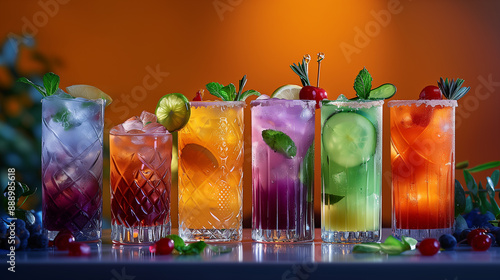 Colorful Assorted Cocktails served in Elegant Glasses with Fresh Fruits and Herbs photo