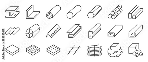 Iron icon set. It includes metal, sheet, steel, material, construction, building, and more icons. Editable Vector Stroke.