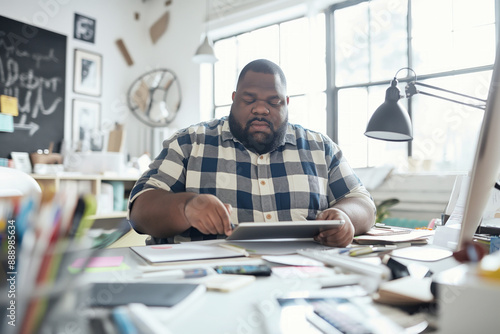 Overweight man in plaid shirt working on tablet at cluttered desk in creative office space. Room is filled with natural light from large windows creating inspiring and productive atmosphere