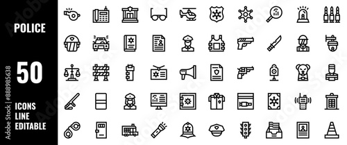50 Police Icons Set Line Editable Vector Illustration