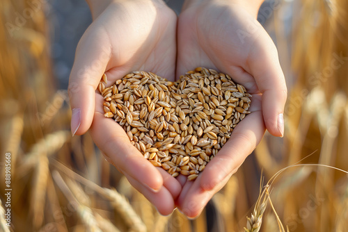 Female hands holding a full heart shape made up of many grains of wheat, wheat field in background photo