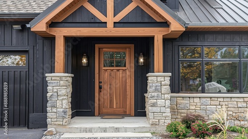 A front door detail on a home with black board and batten siding with natural stone accents and a beautiful oak front door