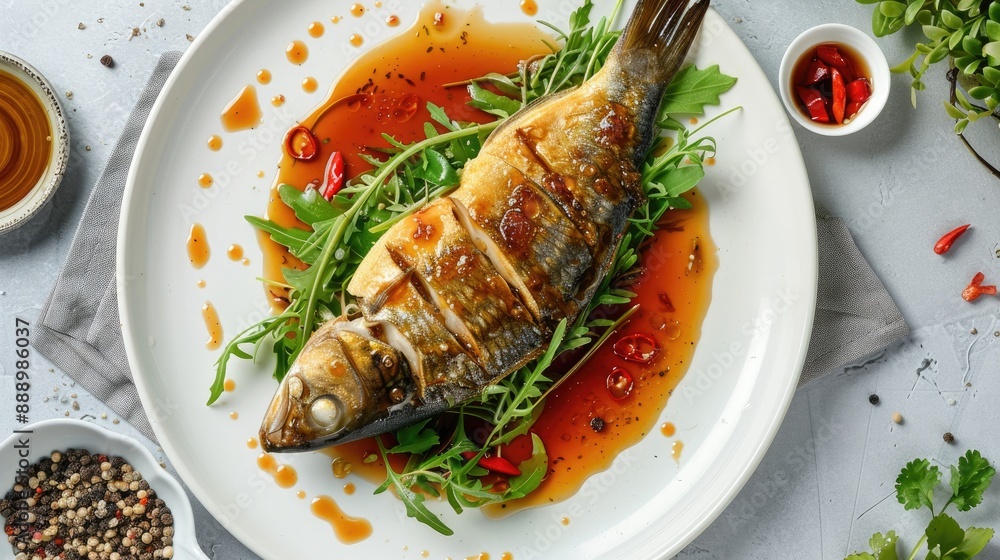 Steamed Seabass fish with Soybean Paste sauce in white plate Top view