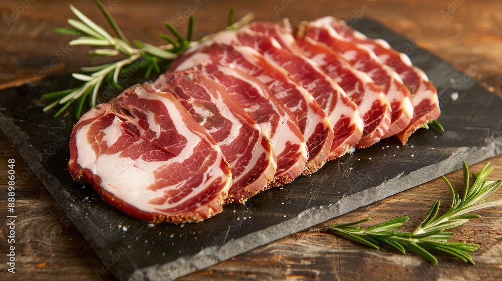 Capocollo or coppa is a traditional Italian and Corsican pork cut made from cured pork shoulder or neck Cut into very thin slices Italian delicacy for aperitivo Piacentina DOP Capocollo or coppa is a traditional Italian and Corsican pork cut made from cured pork shoulder or neck Cut into very thin slices Italian delicacy for aperitivo Piacentina DOP