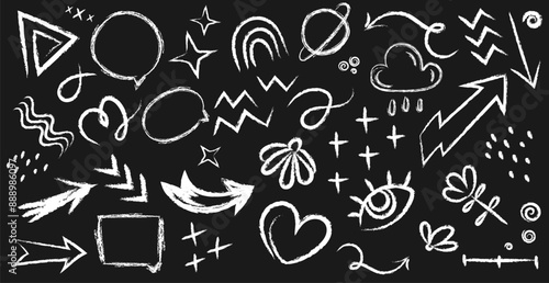 Hand drawn chalk doodles in chalk board style set.Chalk graphic elements arrows,frames,shapes and shapes,heart,eye,stars,clouds,planet. Crayon handwritten doodles.Chalk drawn vector elements