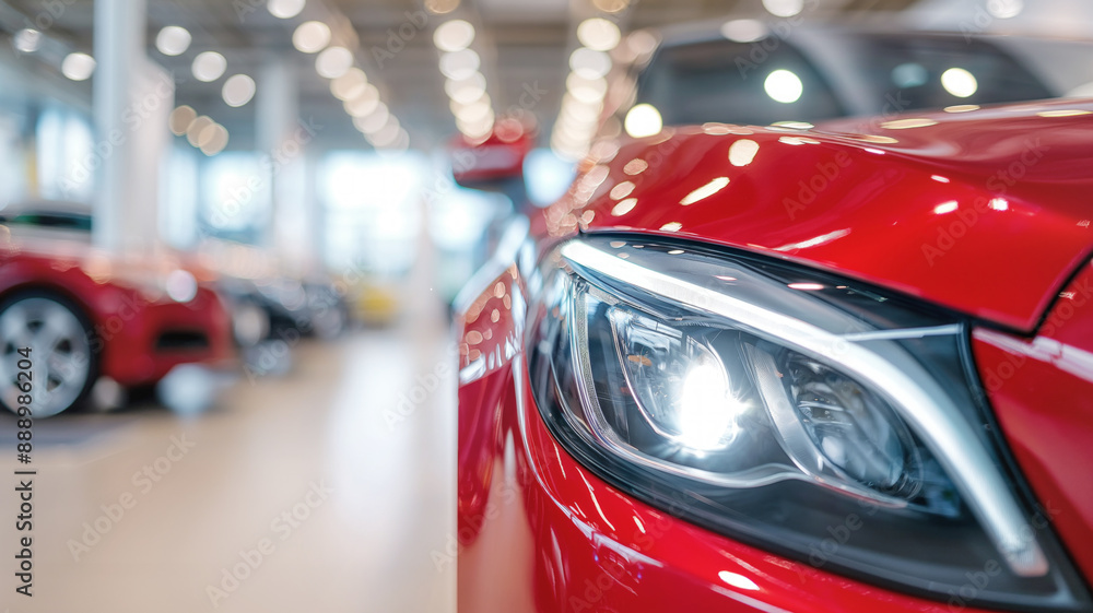 Close-up of a modern red car headlight, illuminated headlamp, shiny vehicle in a showroom, automotive design, luxury car detail, transportation concept