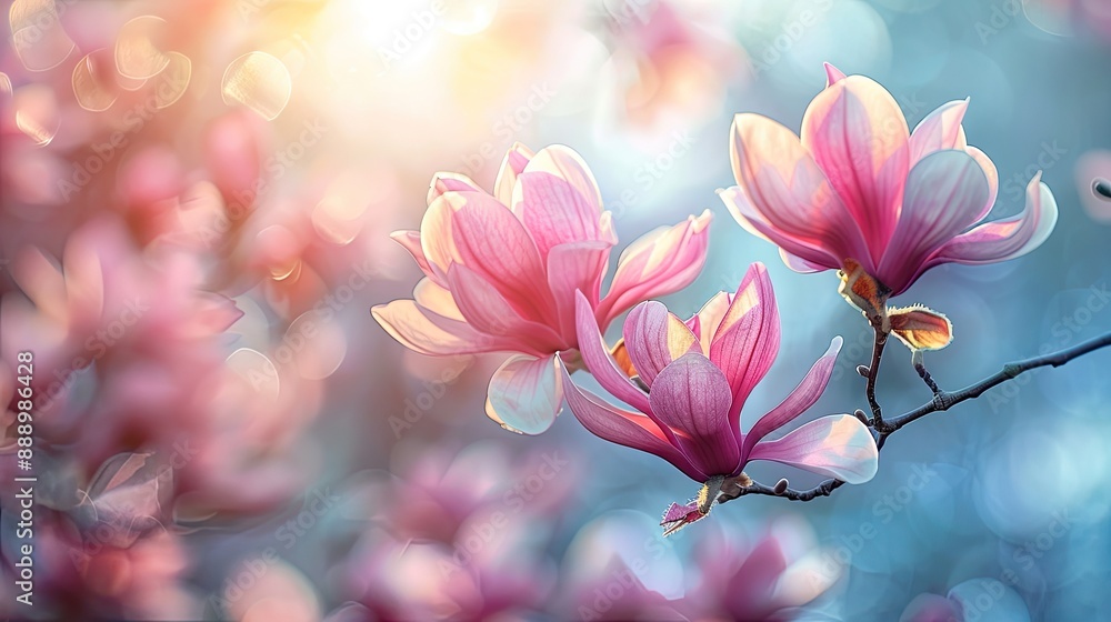 Pink magnolia flowers blooming in spring garden Pink magnolia flowers blooming in spring garden