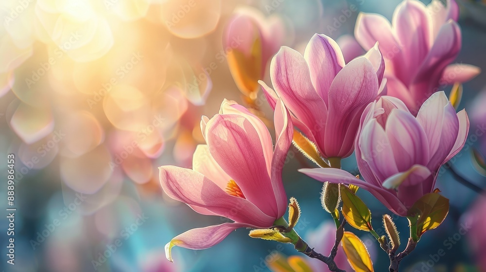 Pink magnolia flowers blooming in spring garden Pink magnolia flowers blooming in spring garden