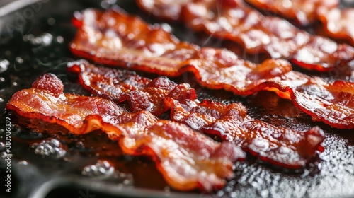 Crispy strips of bacon frying on a cast iron griddle pan photo